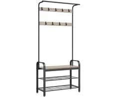 Koduva Prieškambario kabykla su batų lentynomis ir sėdyne, 9 kabliukai, 33,7 x 84 x 183 cm, pilkai ruda-juoda