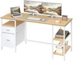 Koduva Rašomasis stalas su 3 lentynomis ir 2 stalčiais, 160 x 60 x 76 cm, ąžuolo baltos spalvos