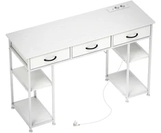 Koduva Rašomasis stalas su įkrovimo stotele, 2 USB jungtys, 2 lizdai, reguliuojamos lentynos, 3 audinio stalčiai, 120 x 40 x 76 cm, baltas