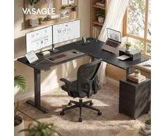Songmics Reguliuojamo aukščio L formos rašomasis stalas, 160 x 140 cm, su lizdais, juodas