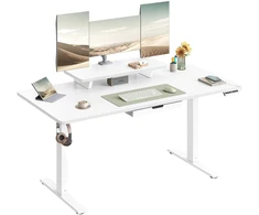 Songmics Reguliuojamo aukščio rašomasis stalas 140 x 70 cm, su monitoriaus stovu, stalčiumi, baltas