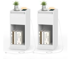 Koduva Siauras naktinis staliukas, 2 vnt. rinkinys, su stalčiumi, lentyna, LED, USB, baltas