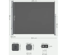 Songmics Šoninė markizė 180 x 300 cm, dūminė pilka, aliuminis ir poliesteris su PU danga
