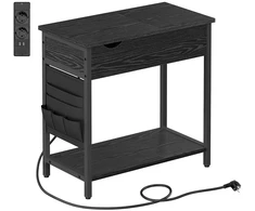 Songmics Šoninis staliukas su lizdais ir USB jungtimis, juodas su medžio raštu, 60 x 31,5 x 60 cm