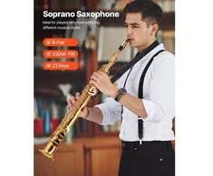 VEVOR Sopraninis saksofonas JASS-301, tiesus, B bemolis, žalvaris, auksinė spalva, 23 klavišai, rinkinys