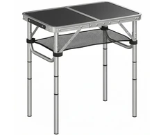 Koduva Sulankstomas stovyklavimo stalas su tinkliniu skyriumi, 4 aukščio padėtys, nešimo rankena, aliuminis, 60 x 40 x 26-60 cm, juodas