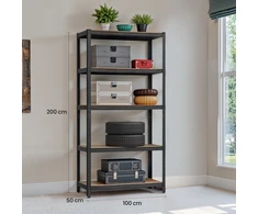 Koduva Sunkių daiktų stelažas, 50 x 100 x 200 cm, juodas, iš cinkuoto plieno ir MDF, 5 reguliuojamos lentynos