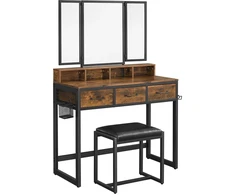 Songmics Tualetinis staliukas su 3 dalių atlenkiamu veidrodžiu, taburete, 3 stalčiais, 90 x 40 x 141 cm