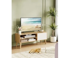 Koduva TV staliukas, 120 x 40 x 49 cm, medžio drožlių plokštė ir kaučiukmedis, natūralaus ąžuolo ir kreminės baltos spalvos