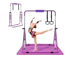VEVOR Vaikiškas gimnastikos skersinis su kilimėliu, reguliuojamo aukščio, sulankstomas, 63,5kg, violetinis