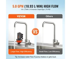 Koduva VEVOR 12 V diafragminis siurblys, 5 GPM (18,93 l/min), 5 kamerų, 12 V DC, reguliuojamas slėgis 2,7–6,9 bar