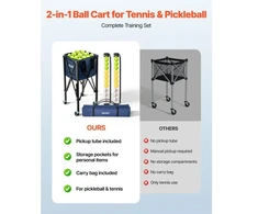 VEVOR 2-in-1 teniso ir pickleball kamuoliukų krepšys su rinkimo vamzdžiu, sulankstomas vežimėlis su ratukais, 150 teniso kamuoliukų arba 260 pickleball kamuoliukų