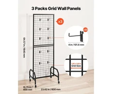 Koduva VEVOR 3 vnt. sieninės grid panelės, 600 x 1640 mm, su ratukais ir 30 kabliukų