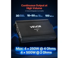 Koduva VEVOR 4 kanalų tiltuojamas automobilinis garso stiprintuvas, Class AB, iki 4 x 250 W prie 4 Ω / 4 x 500 W prie 2 Ω