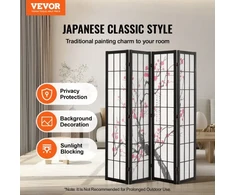 Koduva VEVOR 4 panelių japoniška kambario pertvara, sulankstoma medinė privatumo sienelė, juodas rėmas, vyšnių žiedų raštas