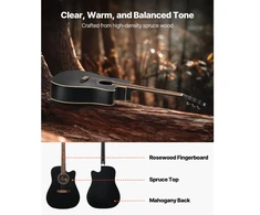 VEVOR 41 colių akustinė gitara, cutaway, juoda, rinkinys su krepšiu