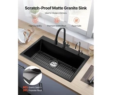 Koduva VEVOR 84 cm virtuvinė plautuvė, granito, įleidžiama, vienos talpos, juoda