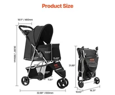 VEVOR Augintinio vežimėlis, 16 kg, sulankstomas, 3 ratų, su tinklelio langais ir puodelių laikikliais