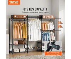 Koduva VEVOR drabužių stovas YC0003, su ratukais, 4 kabinimo strypai ir 8 lentynos, 1740 x 450 x 1800 mm, juodas