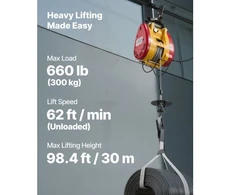 Koduva VEVOR elektrinė keltuvė-vinčas 2-in-1, 300 kg, 1500 W, 30 m, 18,9 m/min, laidinis ir belaidis pultas
