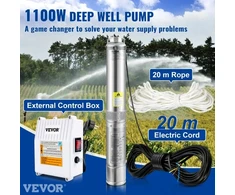 Koduva VEVOR giluminis panardinamasis siurblys 1100 W, 230 V, 190 l/min, 57 m, 10,2 cm, nerūdijantis plienas
