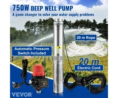Koduva VEVOR giluminis povandeninis siurblys 3.5SDM4/11, 750 W, 230 V/50 Hz, 105 l/min, 62 m, 20 m laidas, nerūdijantis plienas
