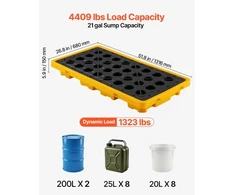 Koduva VEVOR išsiliejimo sulaikymo padėklas 2 statinėms, žemo profilio modulinė platforma, 79,5 l, 2000 kg, 1316 x 680 x 150 mm, geltonas