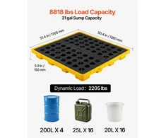 Koduva VEVOR išsiliejimų sulaikymo padėklas 4 statinėms, žemo profilio platforma, 117,4 l, 4000 kg, 1305x1280x150 mm, geltonas