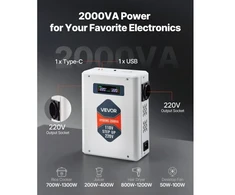Koduva VEVOR įtampos keitiklis, 2000VA, 110V į 220V, su 2 EU lizdais, USB ir Type-C, HYDXMG--2000VA