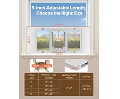 Koduva VEVOR kačių durys langui, reguliuojamos 787–914 mm lango pločiui, 4 užrakto režimai, baltos