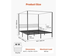 Koduva VEVOR King Size metalinė stoginė lovos rėmas, juodas, su keturiais stulpais