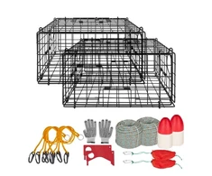 Koduva VEVOR krabų gaudyklė, 2 vnt., 62 x 62 x 30 cm, juodas PVC dengtas tinklas, su svarstykle, plūde, 100 pėdų virve ir pirštinėmis