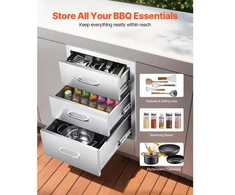 Koduva VEVOR lauko virtuvės stalčiai, 18,11" W x 23,23" D x 23,23" H, nerūdijančio plieno BBQ stalčiai su rankenomis, triguba prieiga
