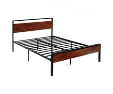 Koduva VEVOR lovos rėmas Queen size, 35 cm, juodas metalinis platforminis lovos rėmas su retro rudos spalvos medine galvūgaliu ir kojūgaliu