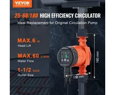 Koduva VEVOR LPS25-6BP-180 karšto vandens recirkuliacinis siurblys, 220 V, 45 W, 60 l/min, 1-1/2" sriegis