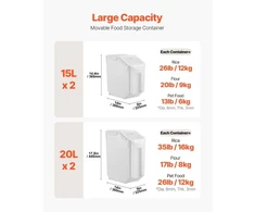 Koduva VEVOR maisto laikymo indas, 4 vnt., 15 l x2 ir 20 l x2, su ratukais, 4 matavimo puodeliai, hermetiškas dangtis