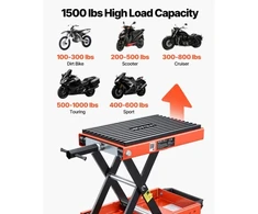 Koduva VEVOR motociklo keltuvas, 680 kg žirklinis kėliklis su plačia platforma ir fiksavimo kaiščiu, 105–350 mm