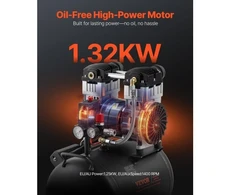 Koduva VEVOR oro kompresorius, 40 l plieno bakas, 2 AG, 5,3 CFM, be alyvos, 125 PSI, 78 dB