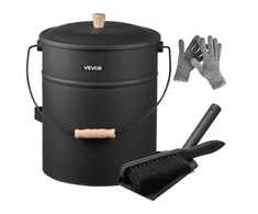 VEVOR Pelenų kibiras, 4 vnt. rinkinys su dangčiu, semtuvėliu, šluotele ir pirštinėmis, 15 l, juodas