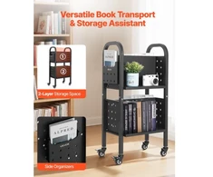 Koduva VEVOR riedantis bibliotekos knygų vežimėlis, 70 kg, 45 x 33 x 88 cm, dvipusės L formos lentynos, juodas
