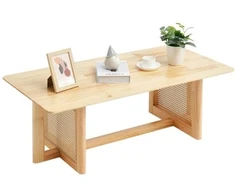 Koduva VEVOR rotango kavos staliukas, stačiakampis, 1200 x 600 x 400 mm, su gummedžio stalviršiu, natūralios medienos kojomis