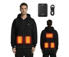 Koduva VEVOR šildomas džemperis su gobtuvu, unisex, juodas, su 7,4 V 16000 mAh išorine baterija, 5 šildymo zonos, XXXL