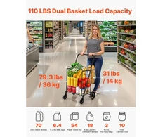 Koduva VEVOR sulankstomas pirkinių vežimėlis, dvigubas krepšys, 360° pasukami ratai, iki 50 kg