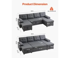Koduva VEVOR U formos sofa lova, pilka, 287 x 145 x 91 cm