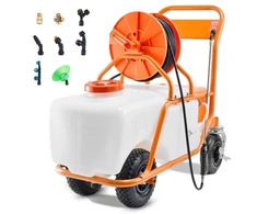 VEVOR Vejos purkštuvas su ratukais, 60 l talpa, reguliuojamas slėgis 0–90 PSI, 8 purkštukai, 2 kotai