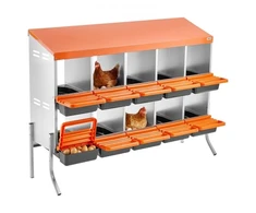 Koduva Vištų lizdinė dėžė VEVOR, 10 skyrių, su atraminėmis kojomis, cinkuotas plienas ir PP plastikas, oranžinė, 132 x 53 x 99 cm