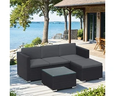 Lauko baldų komplektas Koduva Sodo baldų komplektas iš PE poliratano, juodai pilkas, 3 vietų sofa, staliukas ir pakojis