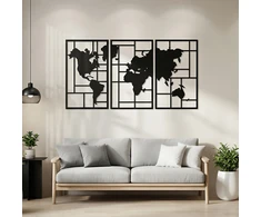 Pakabinamas šviestuvas Aosom 3 dalių metalinė sienų dekoro kompozicija su pasaulio žemėlapio motyvu, juoda, 150 x 80 cm