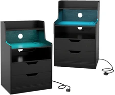 Promotion 2 LED naktinių staliukų rinkinys su įkrovimo stotele, 2 stalčiai, juodas