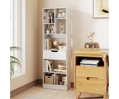 Promotion Laisvai pastatoma knygų lentyna su 8 atviromis nišomis ir stalčiumi, balta, 50 x 24 x 155 cm